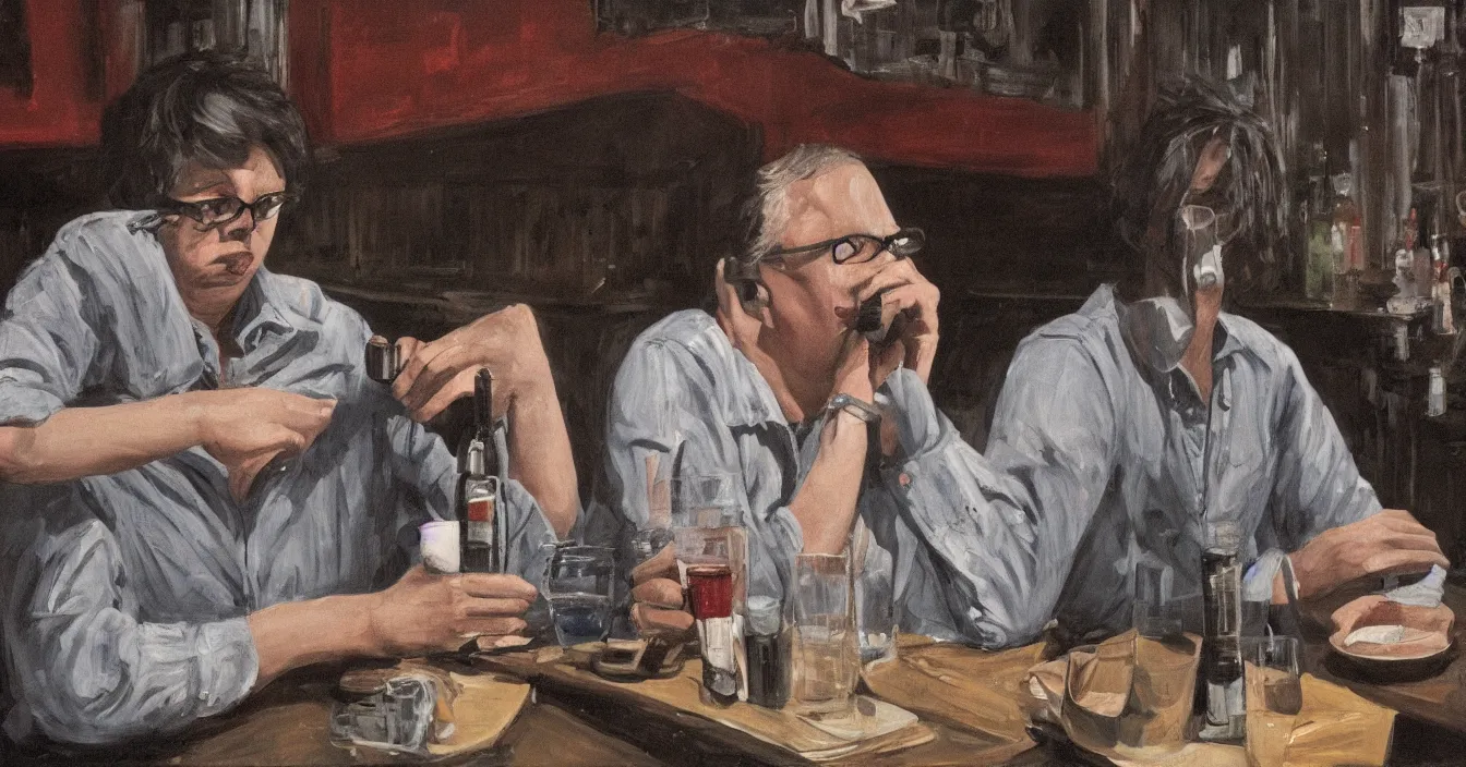 Prompt: todd solondz, high quality high detail image of todd solondz sitting with a friend in an empty bar in tel aviv street, drinking, smoking, clear sharp face of todd solondz, night, by lucian freud and gregory crewdson and francis bacon, hd, photorealistic lighting