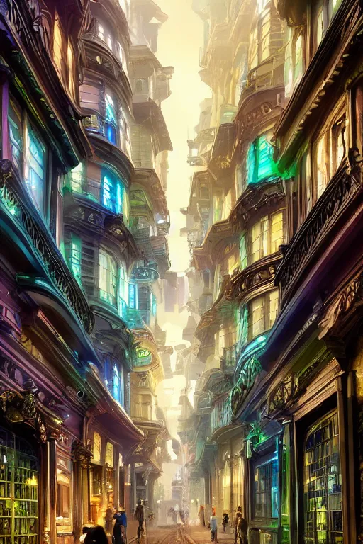 Image similar to a futuristic victorian city street, national geographic cover, award winning, 4 k, smooth, bright, light, colorful, victorian, futuristic, cyber - w 1 7 9 2