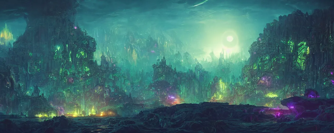 Image similar to ” otherwordly landscape at night, [ bioluminescense, cinematic, detailed, epic, widescreen, opening, establishing, mattepainting, photorealistic, realistic textures, octane render, art by slop and paul lehr ] ”