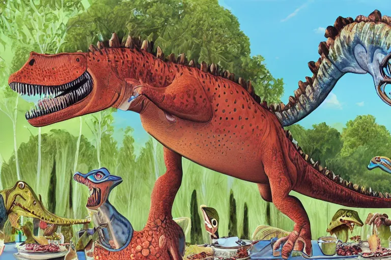 Prompt: a high quality highly detailed illustration of a dinosaur at a fancy dinner by mark teague, digital art, award winning childrens book