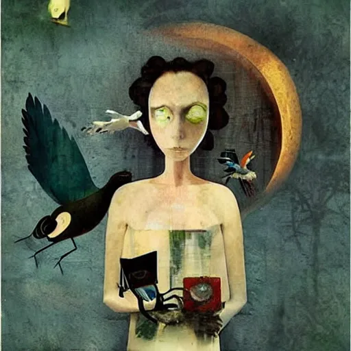 Prompt: a naive woman with a memory that survives the reset of the world, and a small robot bird on her shoulder, collage artwork by dave mckean and esao andrews