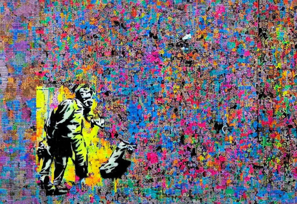 Image similar to full color banksy graffiti with statement of ai art is not art, detailed, realistic, glitch art effect