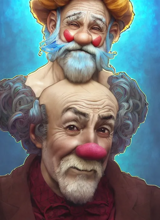Image similar to wrinkled old clown with curly shiny shimmering blue hair, path traced, highly detailed, high quality, digital painting, by studio ghibli and alphonse mucha, leesha hannigan, hidari, disney