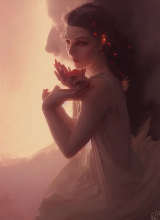 Prompt: leyendecker, abstract foggy girl, goth, ultra high detailed, glowy, sweet night ambient, fog, photorealistic, octane render, photorealistic environment, by greg rutkowski, brom, ferdinand knab, rossdraws, tom bagshaw, alphonse mucha, global illumination, radiant light