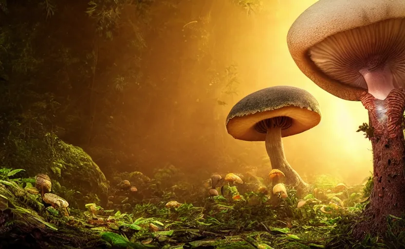 Prompt: a beautiful render of an alien mushroom growing out of a human a skull in a rainforest, sunset lighting, intricate detail, hazy, humid, volumetric lighting, god rays, 8 k, photorealistic, raytracing effects, unreal engine 5