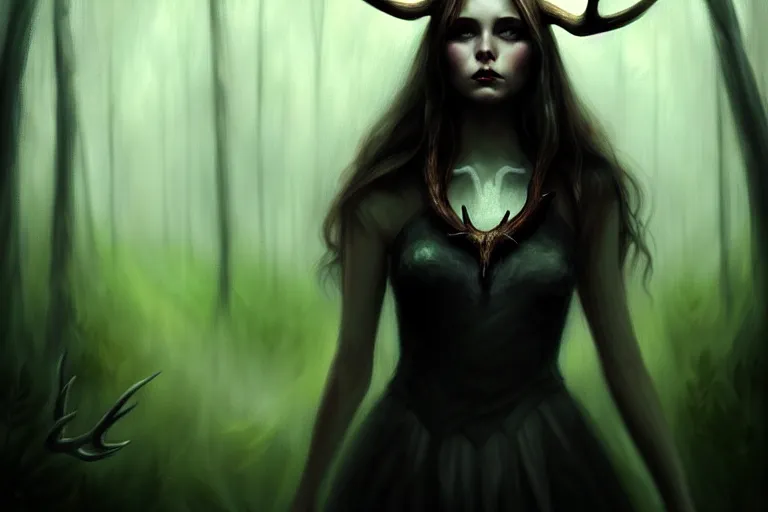 Image similar to a portrait of a girl with antlers in a forest at night, dark, gothic, fantasy, portrait, figurativism, muted colors, digital painting in the style of bastien lecouffe - deharme, trending on artstation, detailed