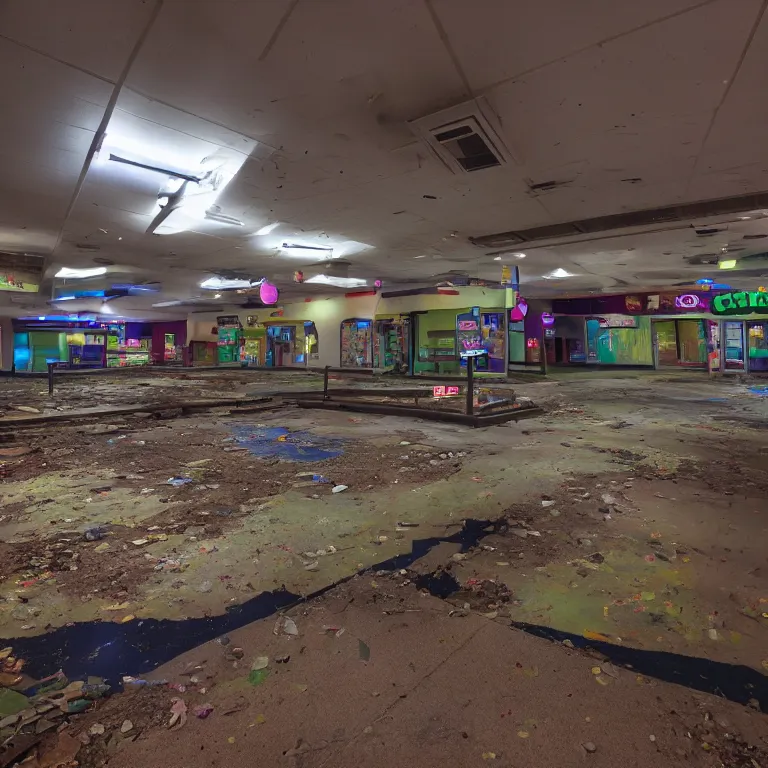 Image similar to photograph of abandoned Chuck E Cheese, atmospheric lighting