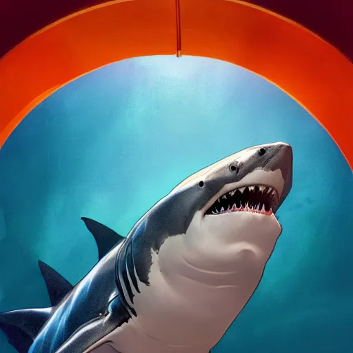 Image similar to great white shark, side view, with a silver and orange striped traffic cone construction cone on its dorsal fin, ocean background detailed atmospheric - ron cheng & alphonse mucha, highly detailed, digital painting, ray tracing, concept art, illustration, smooth sharp focus, intricate, symmetry, artstation,