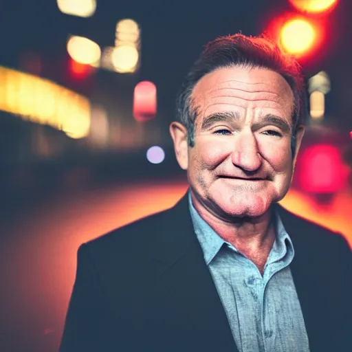 Image similar to a still of Robin Williams. Shallow depth of field. City at night in background, lights, colors ,studio lighting, mood, 4K. Profession photography