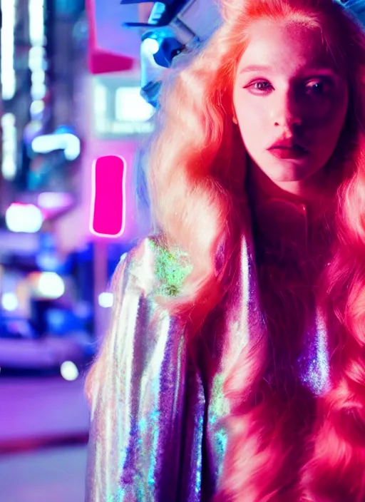 Prompt: A hyper realistic and detailed head portrait photography of futuristic strawberry-blonde youthful female in futuristic clothing on a futuristic street. by Annie Leibovitz. Neo noir style. Cinematic. neon lights glow in the background. Cinestill 800T film. Lens flare. Helios 44m