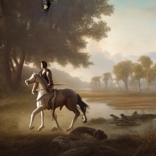 Image similar to large diorama, young man in leather tunic and loincloth, hopelessly pulling the lead of his white horse. The horse is neck deep in the mud of the swamp of sadness. Swampy, in the style of hudson river school, dark, volumetric lighting, crepuscule, octane render