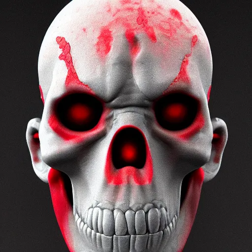 Image similar to Portrait of red skull with black tar dripping from eye sockets 3D render ray traced