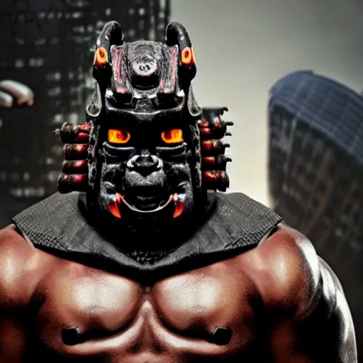 Image similar to big, fierce, muscular, very buff, very strong, cybernetic cyber sci-fi samurai wearing an oni mask. Movie still hd