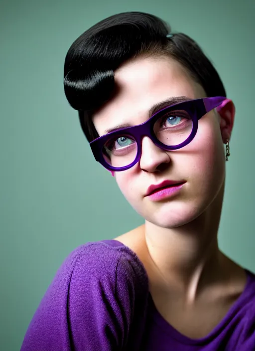 Prompt: kodak portra 4 0 0, 8 k, highly detailed, britt marling style, color studio - portrait of a handsome cute 2 0 - year - old black short - haired hyderabadi american woman with cat eye glasses wearing purple, muted colors, up face with 1 9 2 0's hairstyle and cloth style, asymmetrical, hasselblad