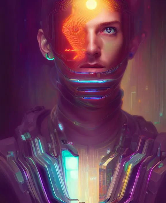 Image similar to a whirlwind inside the metaverse, guy, male, man, hologram, half body, neurochip, android, cyborg, cyberpunk face, by loish, d & d, fantasy, intricate, elegant, highly detailed, colorful, digital painting, artstation, concept art, art by artgerm and greg rutkowski and alphonse mucha