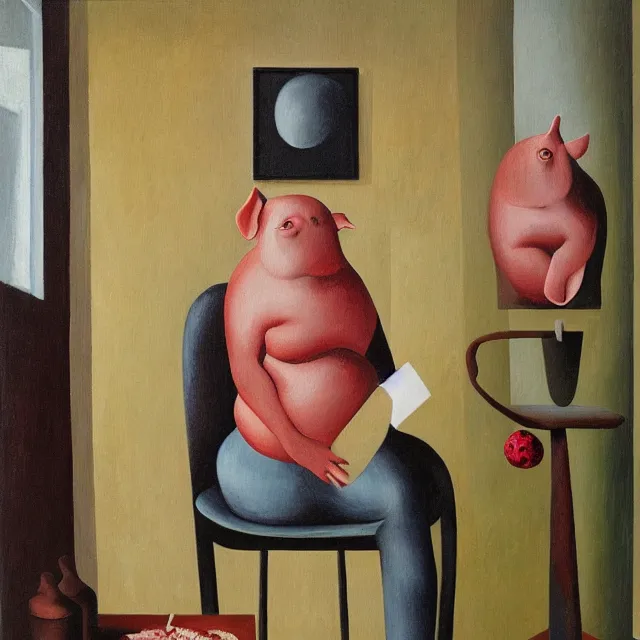 Image similar to a female art student in her apartment, sculpture work in progress, pig, pomegranate, acrylic on canvas, surrealist, by magritte and monet