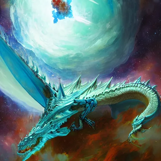 Prompt: prompt crystalline blue European dragon in space, devouring a planet, sun system, nebula, oil painting, by Fernanda Suarez and and Edgar Maxence and greg rutkowski