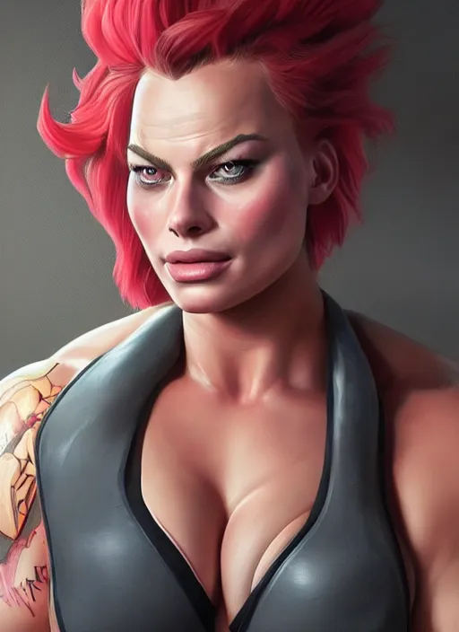 Prompt: detailed portrait of margot robbie as a thick female bodybuilder zarya from overwatch, attractive, beautiful, fantasy, intricate, elegant, highly detailed, digital painting, artstation, concept art, matte, sharp focus, illustration, art by aenaluck, artgerm and roberto ferri and greg rutkowski, epic fantasy, digital painting