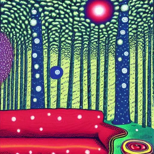 Prompt: psychedelic trippy couch pine forest, raspberry, planets, milky way, sofa, cartoon by rob gonsalves