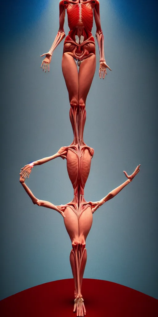 Image similar to poster design, full body anatomical model, 3 d photographic render of a deconstructed asymmetric human anatomical correct human body, in hoc signo vinces, waterfall, in the style of leonora carrington, gottfried helnwein, intricate composition, blue light by caravaggio, insanely quality, highly detailed, masterpiece, red light, artstation