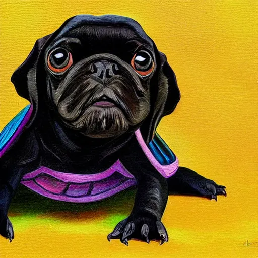 Image similar to a painting of a turtle riding a black pug, colourful, digital art