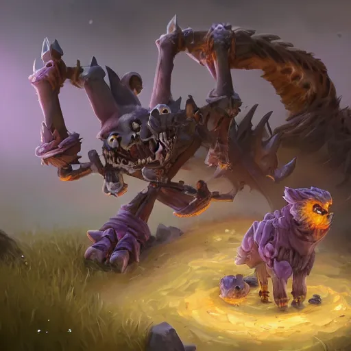 Image similar to cute fluffy animal skeleton creatures. hearthstone animal creatures, graveyard background, bright art masterpiece artstation. 8k, sharp high quality artwork in style of Jose Daniel Cabrera Pena and Greg Rutkowski, violet theme, concept art by Tooth Wu, hearthstone card game artwork