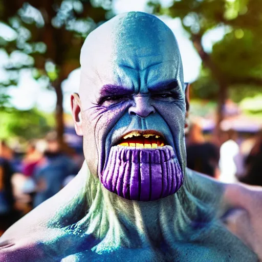 Image similar to Thanos enjoying an ice cream cone in Brooklyn