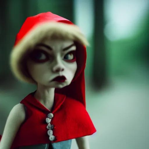 Image similar to a cinematic film still of a claymation stop motion film starring emma stone as little red riding hood, and realistic wolf, shallow depth of field, 8 0 mm, f 1. 8