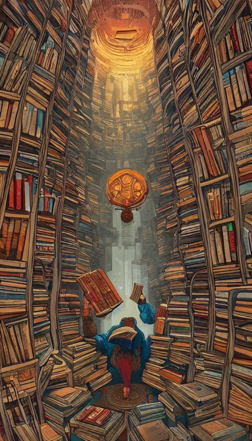 Image similar to The oracle of readers surrounded by ancient books, italian futurism, Dan Mumford, da vinci, Josan Gonzalez