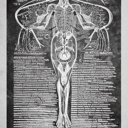 Image similar to anatomical diagram of god's blueprints, schematic, technical diagram, black paper, exceedingly insanely intricate, davinci, circuits, infographic, blueprint, illuminated manuscript, hand drawn, sketch