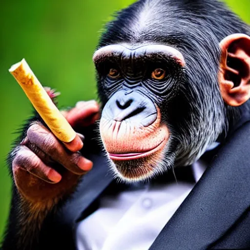 Image similar to a high detail shot of a chimp wearing a suit and smoking