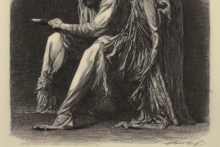 Prompt: taking knife rips, Gustave Dore lithography