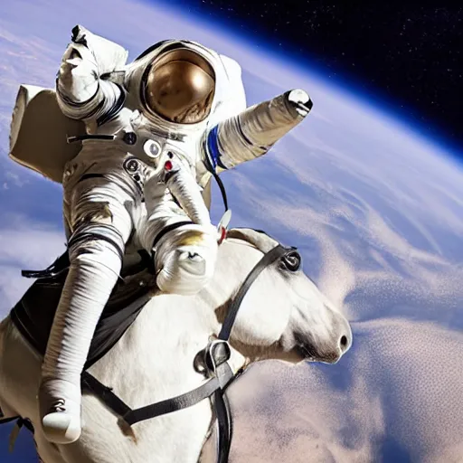 Image similar to A photograph of a horse riding an astronaut