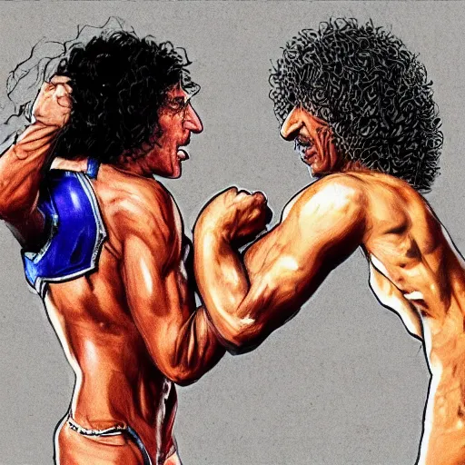 Image similar to Joe Rogan and Howard Stern wrestling, intricate, highly detailed, concept art, smooth, sharp focus