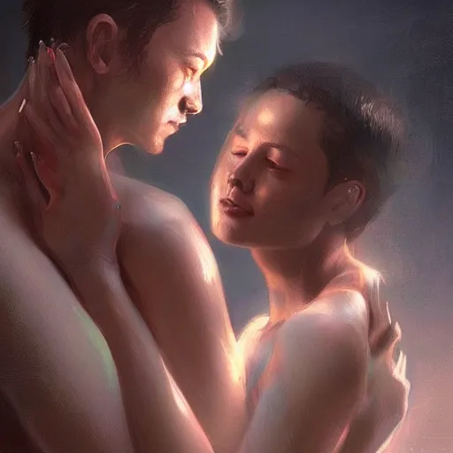 Prompt: a beautiful android couple male and female embracing lovingly accurate anatomy hyperrealism greg rutkowski metallic artstation digital painting