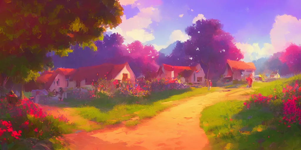 Image similar to colorful sylvain sarrailh illustration of a lonely summer village near the beach, brightly illuminated by rays of sun, wildflowers, artstation