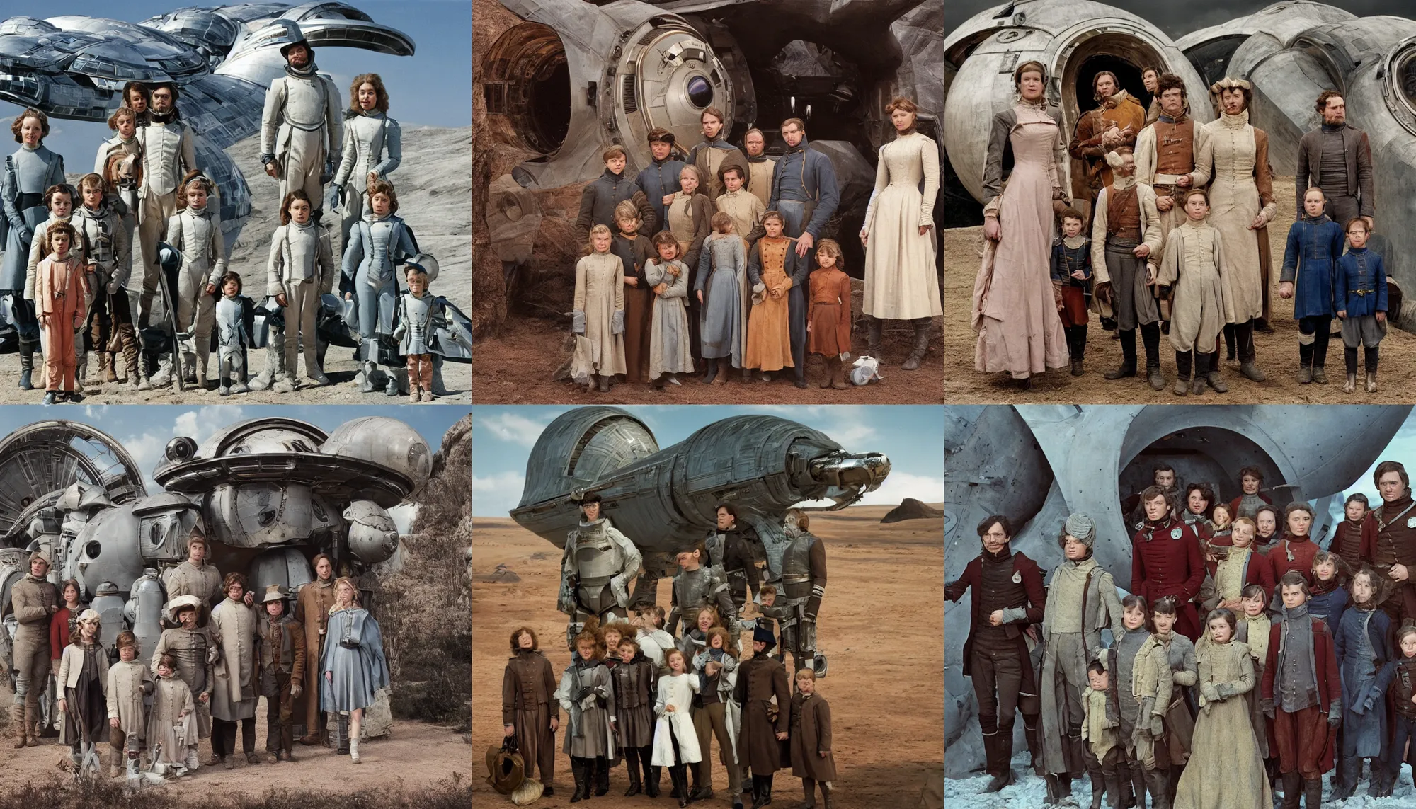 Prompt: highly detailed, 256435456k film, 1612800mm film still from a sci fi blockbuster color movie made in 2019, set in 1860, of a family standing in front of a spaceship that has just landed on an alien planet, the family are all wearing 1860s era clothes, good lighting, good photography, ultra high definition, in focus