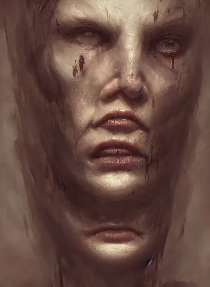 Image similar to a face portrait of a creature invoking fear, art by greg rutkowski, silent hill, horror setting, dark lighting, matte painting, trending on artstation, very detailed