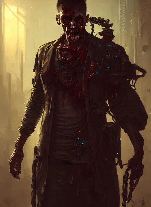 Image similar to cyberpunk male zombie, deep focus, d & d, fantasy, intricate, elegant, highly detailed, digital painting, artstation, concept art, matte, sharp focus, illustration, hearthstone, art by artgerm and greg rutkowski and alphonse mucha