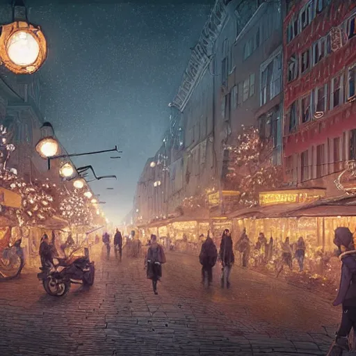 Image similar to ultra realistic illustration and highly detailed digital render of a intricate busy street inside helsinki, finland, 2 0 2 2, by greg rutkowski and makoto shinkai, nighttime, dark sky, twinkly stars, amazing sky, migrating birds in the sky, colorful street lamps along road, natural stone road, asian style vendorsf