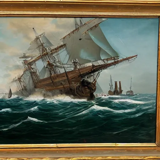 Image similar to 19th century oil painting of a german empire u-boot fighting the flying dutchman