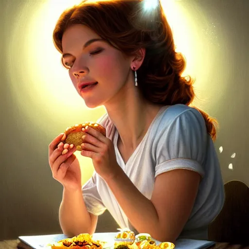 Prompt: portrait of Archie Bunker eating hamburgers, extra onions and ketchup, luscious patty with sesame seeds, feminine ethereal, holy sacred light rays, handsome, volumetric light, D&D, fantasy, intricate, elegant, highly detailed, digital painting, artstation, concept art, matte, sharp focus, illustration, art by Artgerm and Greg Rutkowski and Alphonse Mucha