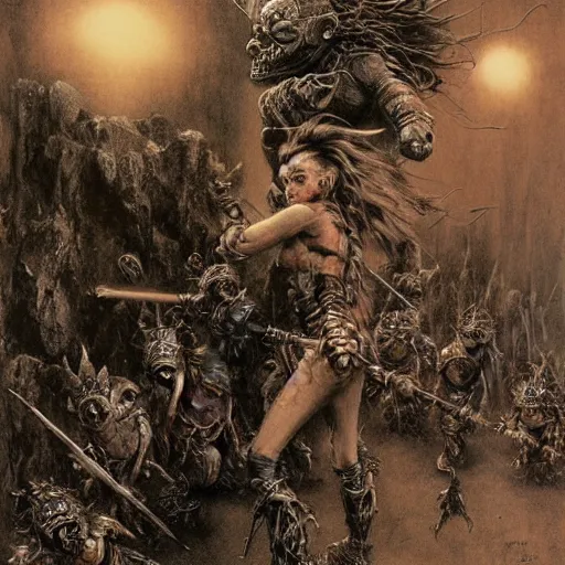 Image similar to barbarian girl fighting small cute goblins by Luis Royo and Beksinski