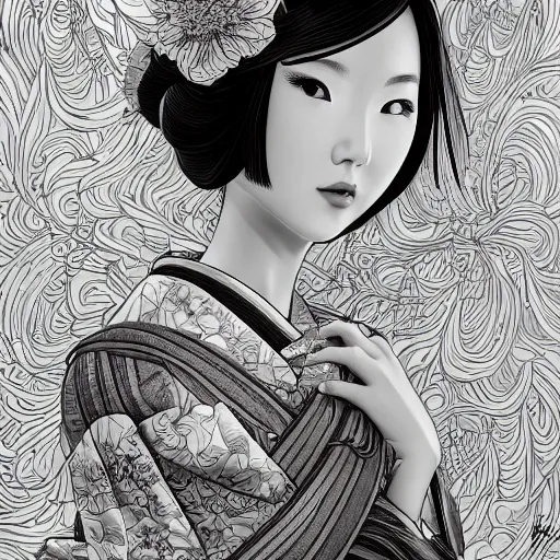 Image similar to the portrait of an unbelievably beautiful, elegant, sensual, and sophisticated young japanese geisha, an ultrafine detailed illustration by james jean, intricate linework, bright colors, final fantasy, behance contest winner, vanitas, angular, altermodern, unreal engine 5 highly rendered, global illumination, radiant light, detailed and intricate environment