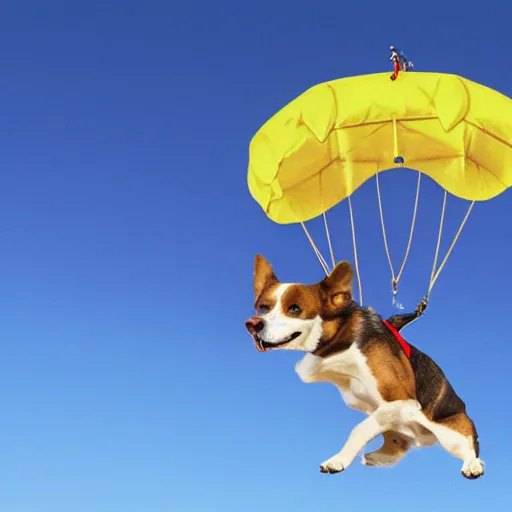 Image similar to a dog parachuting from a helicopter, stock photo