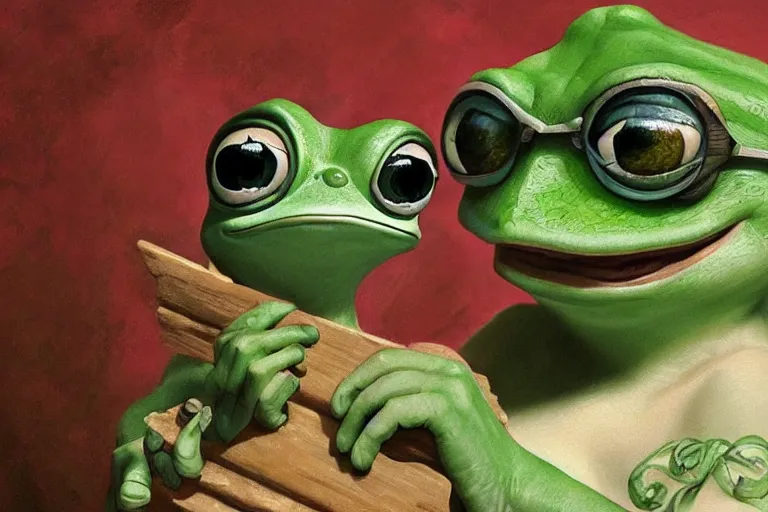 Image similar to music video screenshot of Pepe the Frog, unreal, fantasy, intricate, elegant, dramatic, highly detailed, photorealistic, digital painting, painterly, artstation, concept art, smooth, sharp focus, art by John Collier and Krenz Cushart and Artem Demura and Alphonse Mucha and Albert Aublet