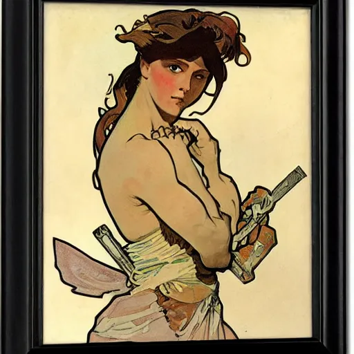 Image similar to female fighter, war paint, sword, painted by alphonse mucha