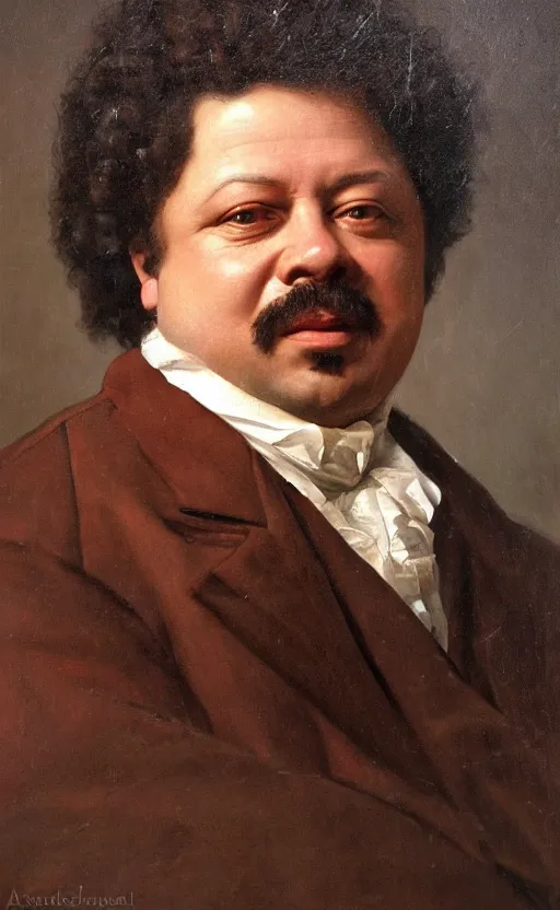Image similar to Portrait of Alexandre Dumas, oil on canvas, highly detailed, by Kramskoy, 8k
