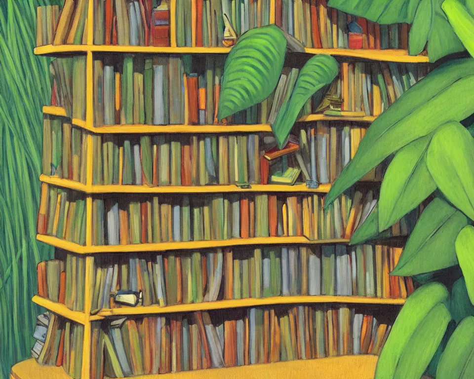 Image similar to one small bookshelf in the rainforest, featuring federal reporters, by hopper. hyperdetailed, proportional, romantic, enchanting, achingly beautiful, graphic print, trending on artstation, jungle, tropical, foliage