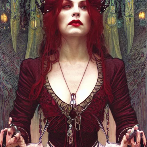 Image similar to portrait of a lady vampire, 35mm, victorian, depth of field, ominous, sharp, highly detailed, photorealistic, realistic, unreal 5, high definition, 8k, deviantart, donato giancola, irwin penn, Alphonse Mucha